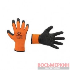 Перчатка оранжевая вязанная синтетическая покрытая черным рифленым латексом на ладони 9 SP-0120 Intertool