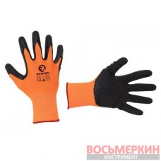 Перчатка трикотажная синтетическая оранжевая покрыта черным рифленым латексом 11 SP-0119 Intertool